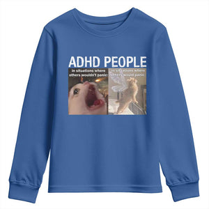 ADHD Cat Meme Youth Sweatshirt Funny Panic Cat Mental Health Awareness TS10 Royal Blue Print Your Wear
