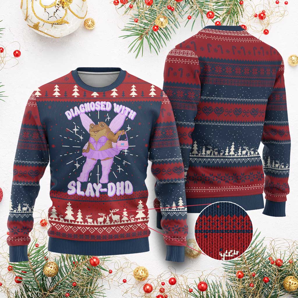 ADHD Meme Knit Sweatshirt Funny Slay DHD Frog Neurodivergent TS10 Burgundy Print Your Wear