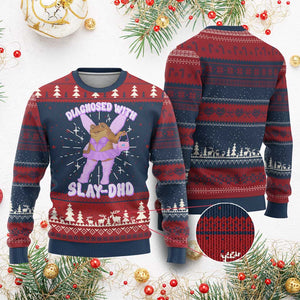 ADHD Meme Knit Sweatshirt Funny Slay DHD Frog Neurodivergent TS10 Burgundy Print Your Wear