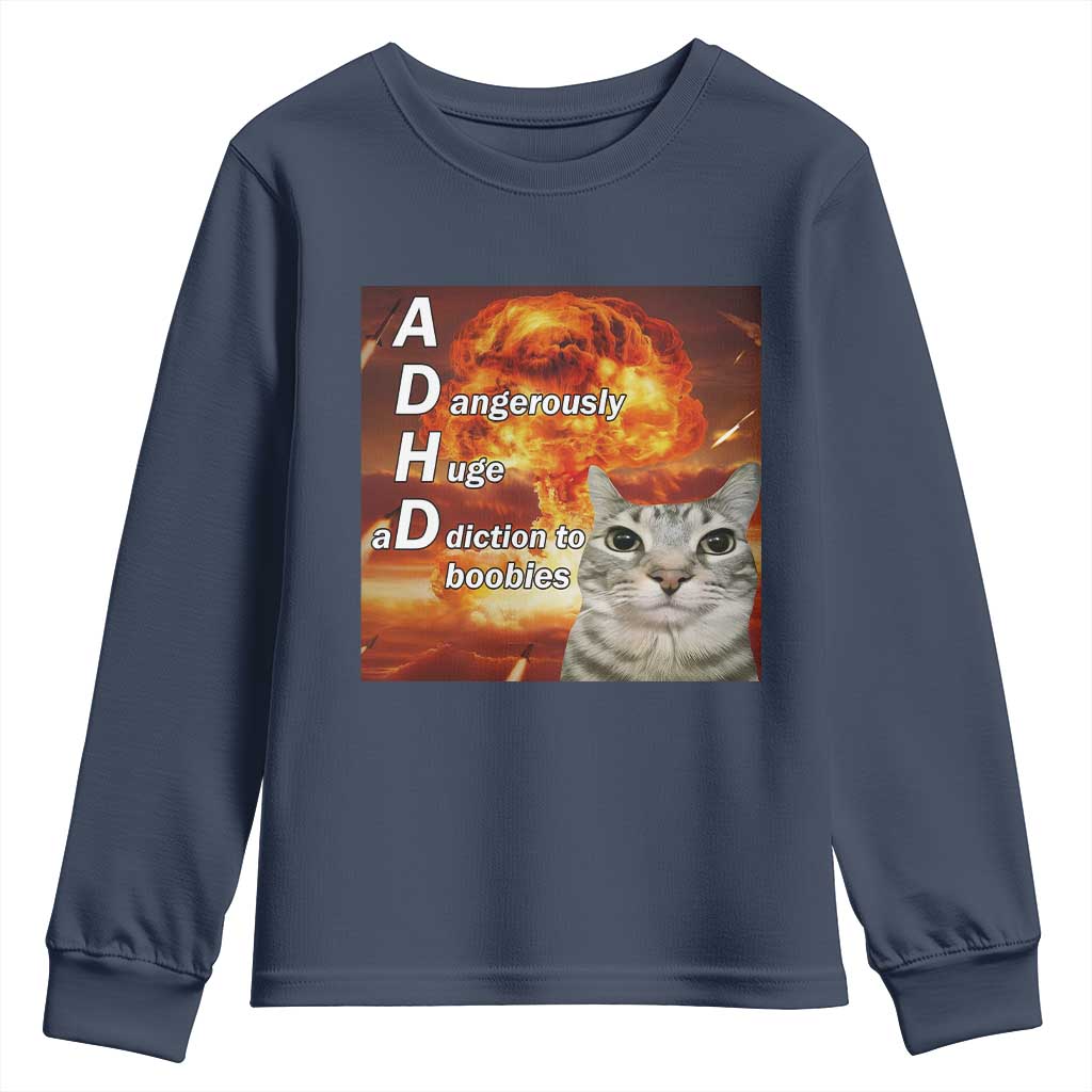 ADHD Cat Meme Youth Sweatshirt Funny Kitty Flames Neurodivergent Gen Z TS10 Navy Print Your Wear