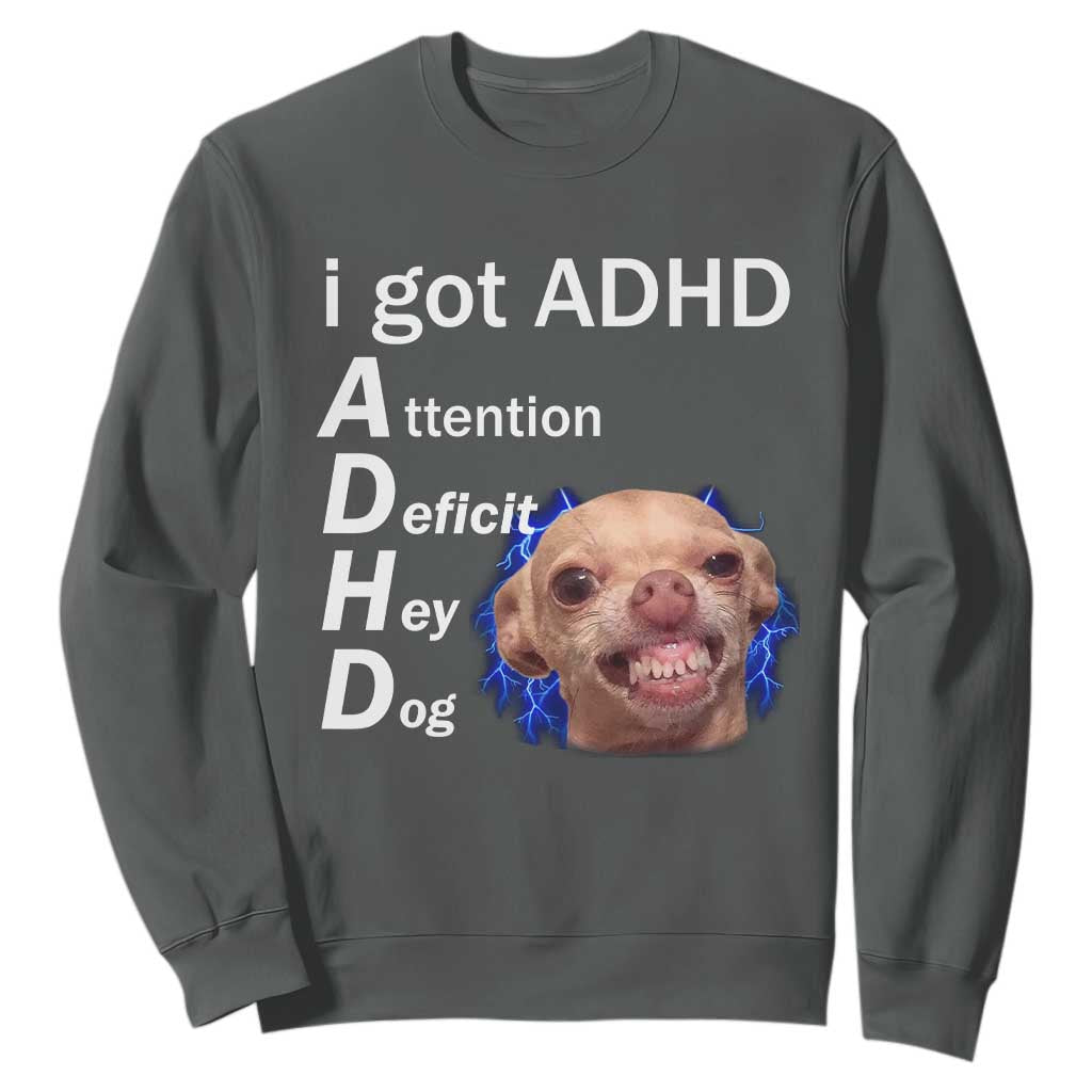 Funny ADHD Dog Meme Sweatshirt Attention Deficit Hey Dog Humor Lovers TS10 Dark Heather Print Your Wear