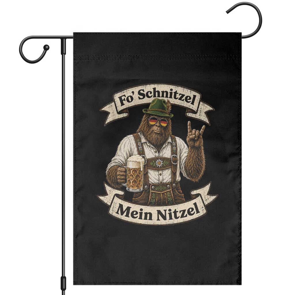 Fo Schnitzel Mein Nitzel Bigfoot Rock On Oktoberfest Garden Flag Lederhosen Funny German Prost Beer