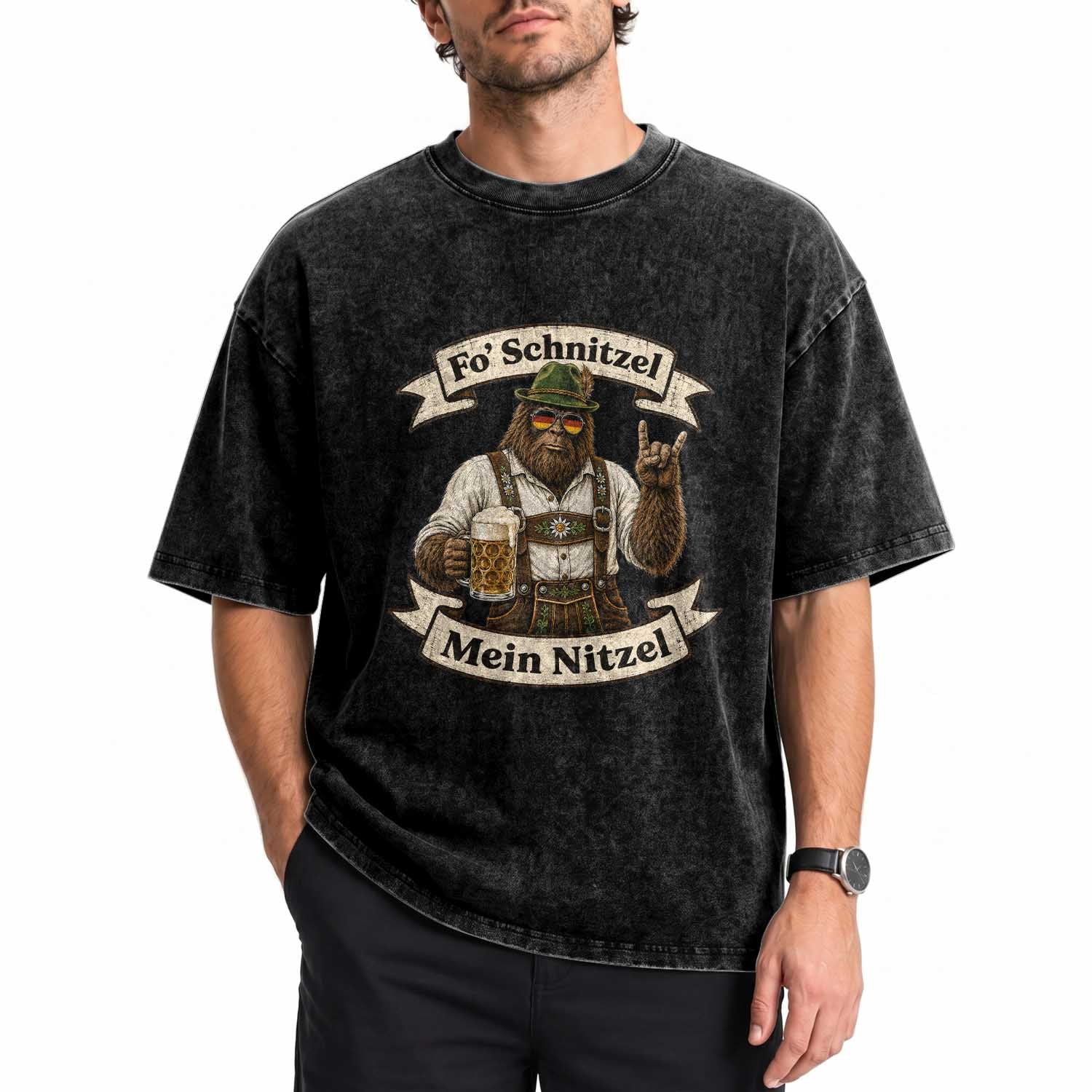 Fo Schnitzel Mein Nitzel Bigfoot Rock On Oktoberfest Washed Cotton T-Shirt Lederhosen Funny German Prost Beer