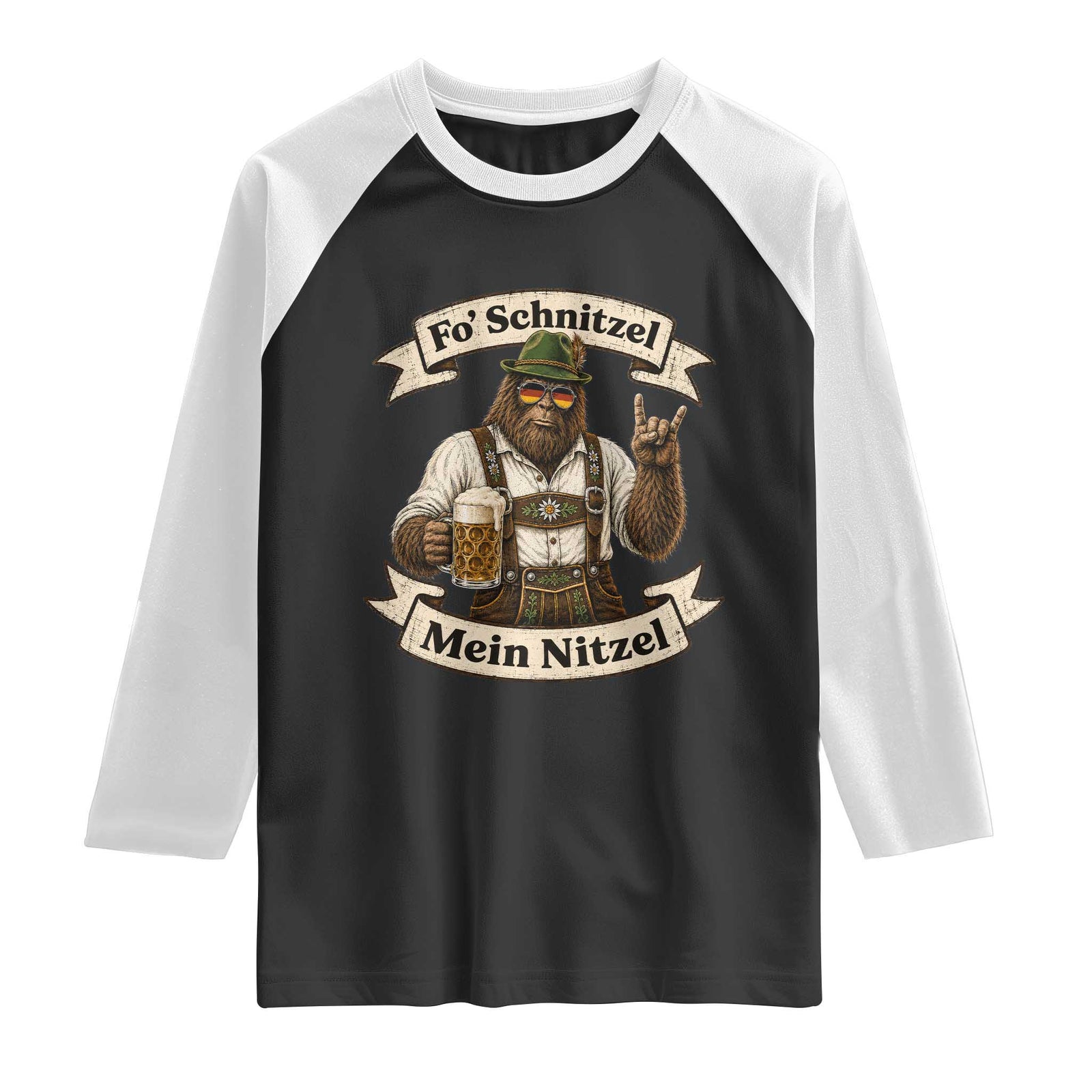 Fo Schnitzel Mein Nitzel Bigfoot Rock On Oktoberfest Raglan Shirt Lederhosen Funny German Prost Beer