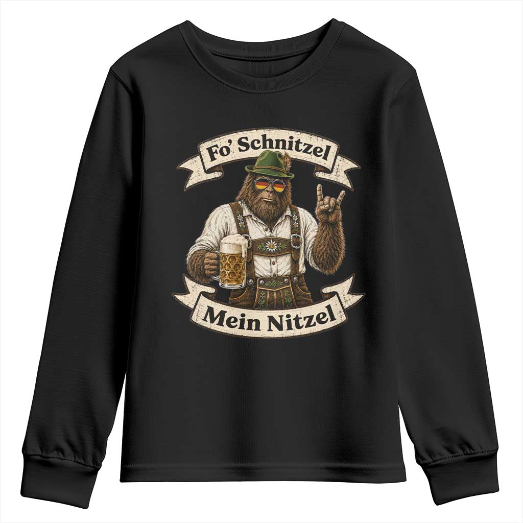 Fo Schnitzel Mein Nitzel Bigfoot Rock On Oktoberfest Youth Sweatshirt Lederhosen Funny German Prost Beer