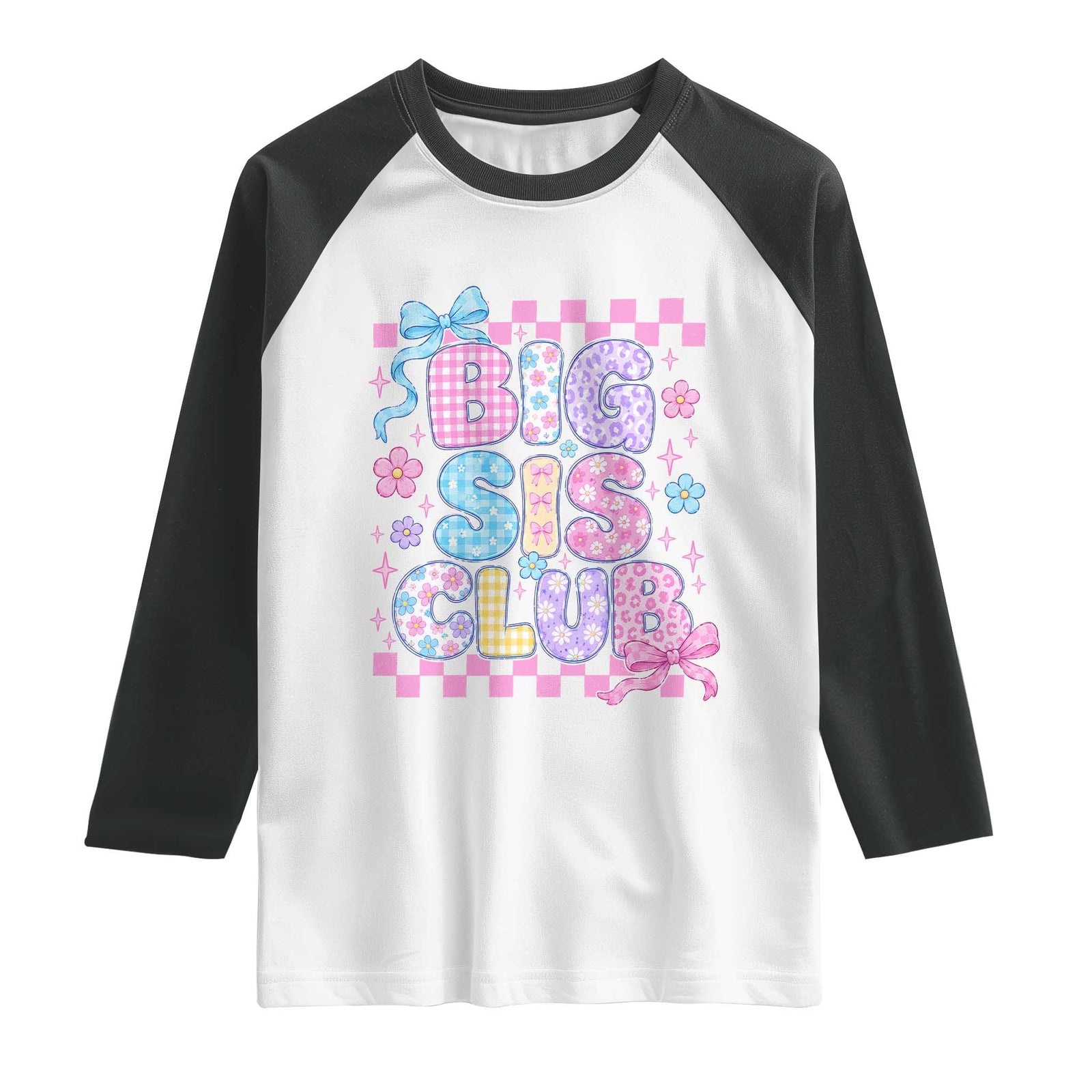 Striped Big Sister Club Coquette Bow Raglan Shirt Matching Sibling Promoted To Big Sister Retro Bubble Graphic