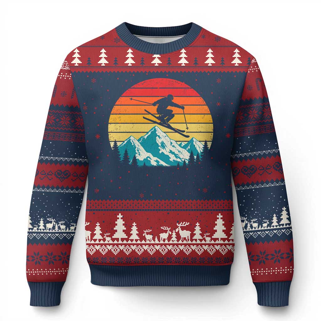 Retro Skiing Mountain Ugly Christmas Sweater 70s Distressed Ski Resort Vacation Aesthetic