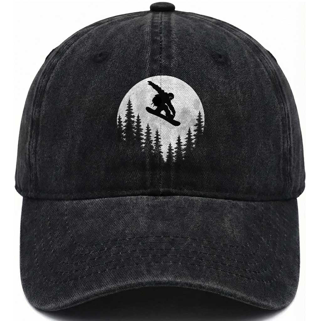 Snowboarding Full Moon Washed Cotton Baseball Cap Freestyle Snowboarder Snowboard Lover Distressed Winter Sports