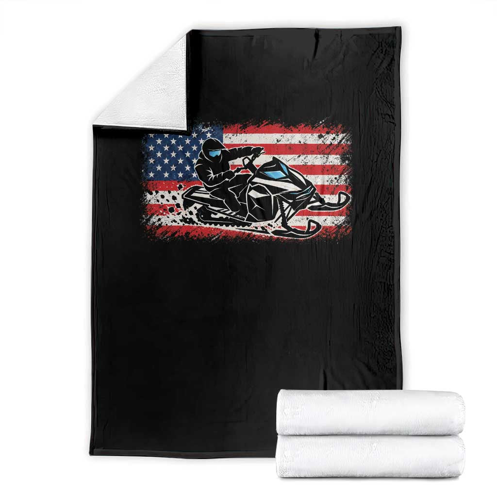 Patriotic Snowmobile American Flag Throw Blanket Vintage USA Snowmobiling Winter Outdoor