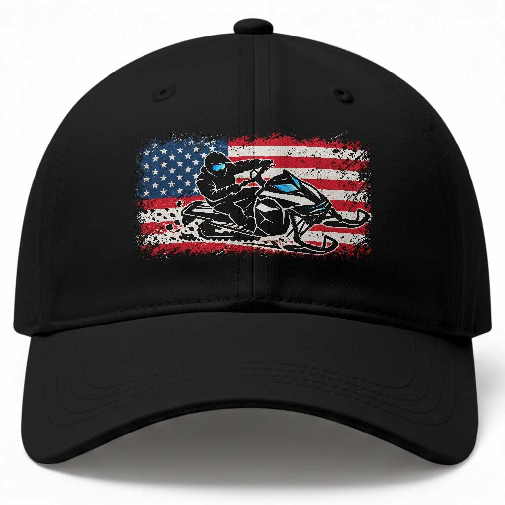 Patriotic Snowmobile American Flag Baseball Cap Vintage USA Snowmobiling Winter Outdoor