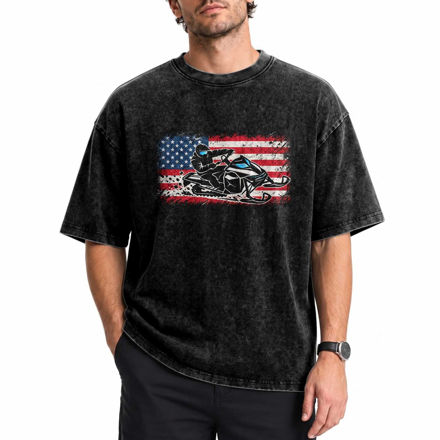 Patriotic Snowmobile American Flag Washed Cotton T-Shirt Vintage USA Snowmobiling Winter Outdoor