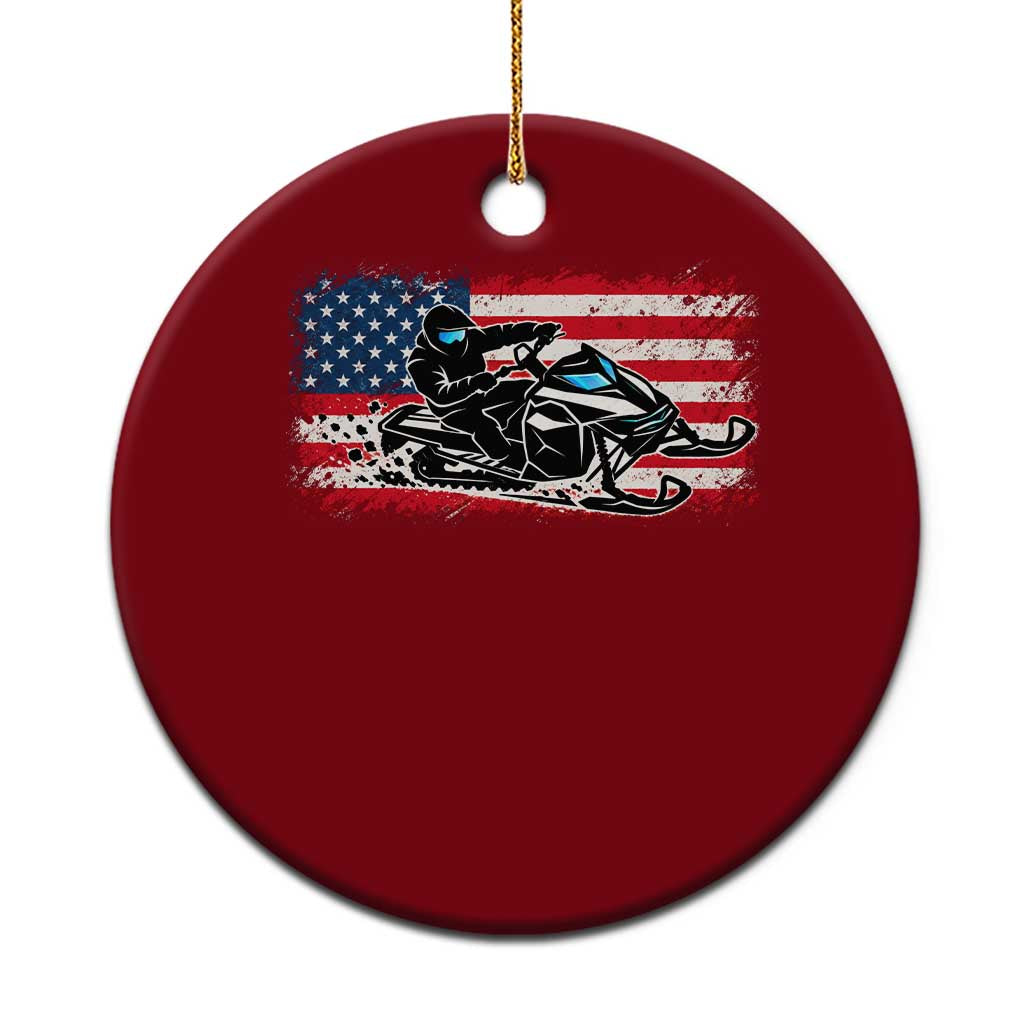 Patriotic Snowmobile American Flag Ceramic Ornament Vintage USA Snowmobiling Winter Outdoor