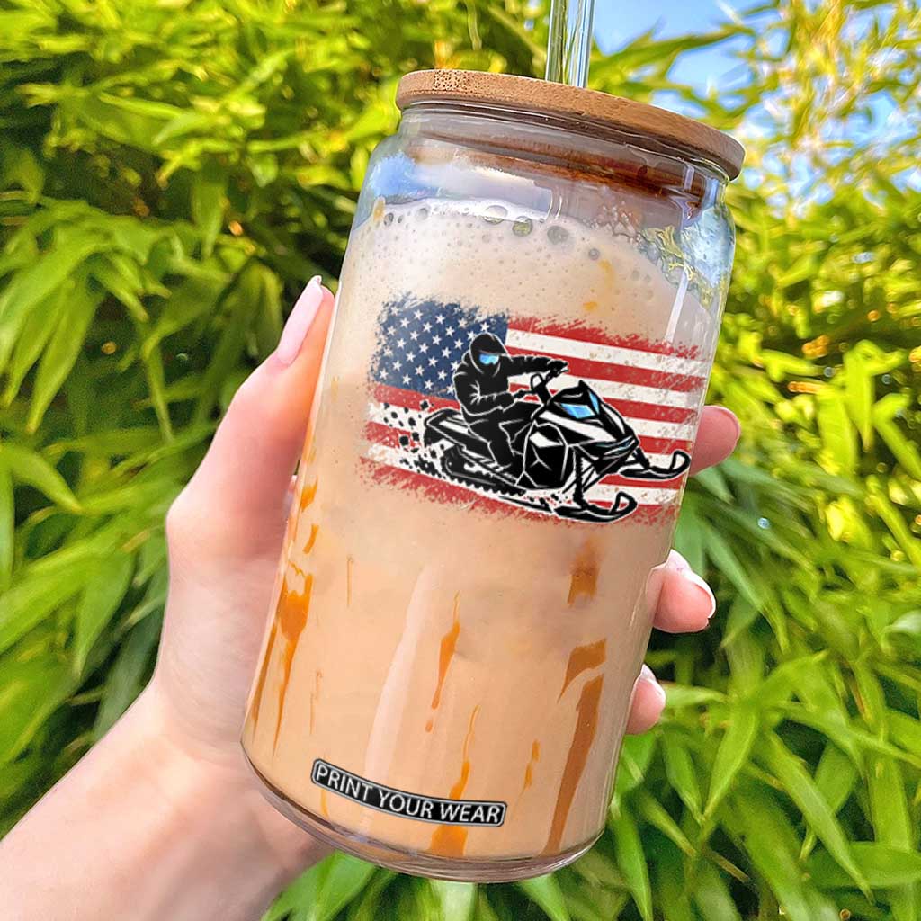 Patriotic Snowmobile American Flag Glass Can Vintage USA Snowmobiling Winter Outdoor