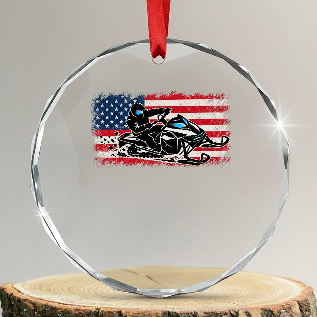 Patriotic Snowmobile American Flag Crystal Glass Ornament Vintage USA Snowmobiling Winter Outdoor