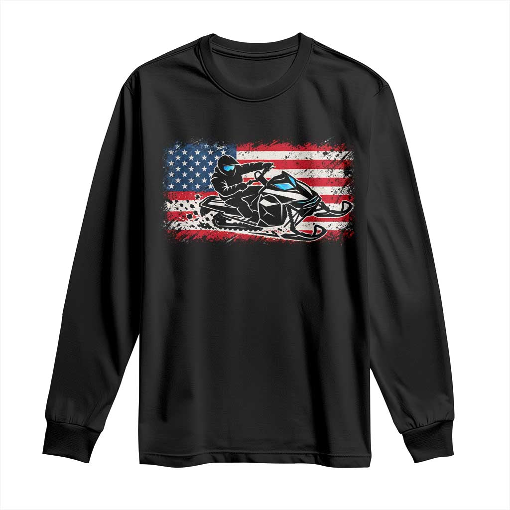 Patriotic Snowmobile American Flag Long Sleeve Shirt Vintage USA Snowmobiling Winter Outdoor