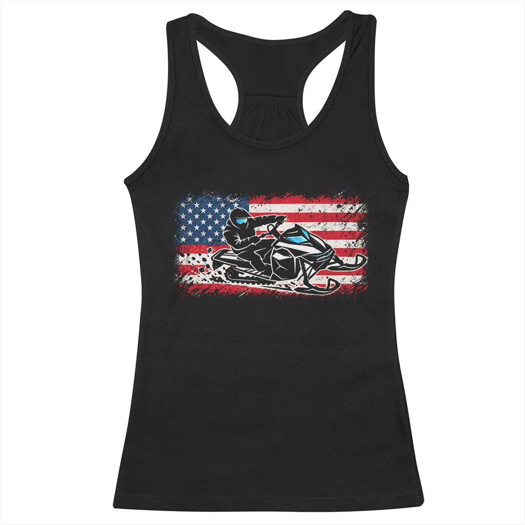 Patriotic Snowmobile American Flag Racerback Tank Top Vintage USA Snowmobiling Winter Outdoor
