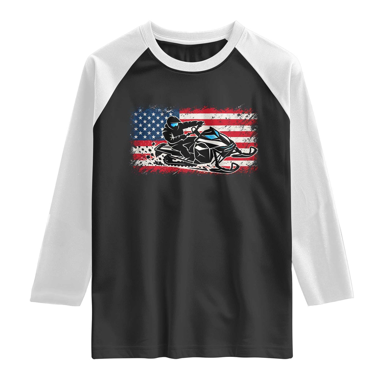 Patriotic Snowmobile American Flag Raglan Shirt Vintage USA Snowmobiling Winter Outdoor