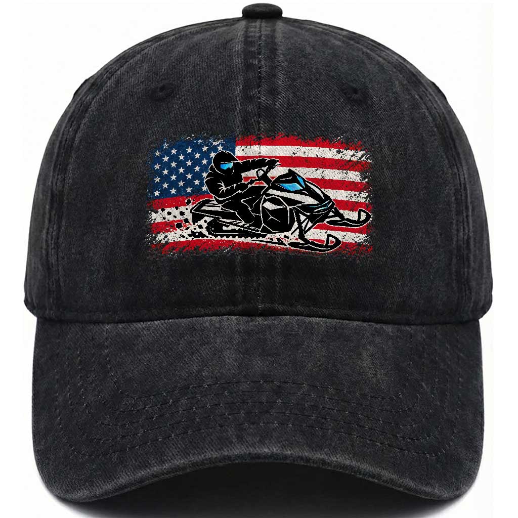 Patriotic Snowmobile American Flag Washed Cotton Baseball Cap Vintage USA Snowmobiling Winter Outdoor