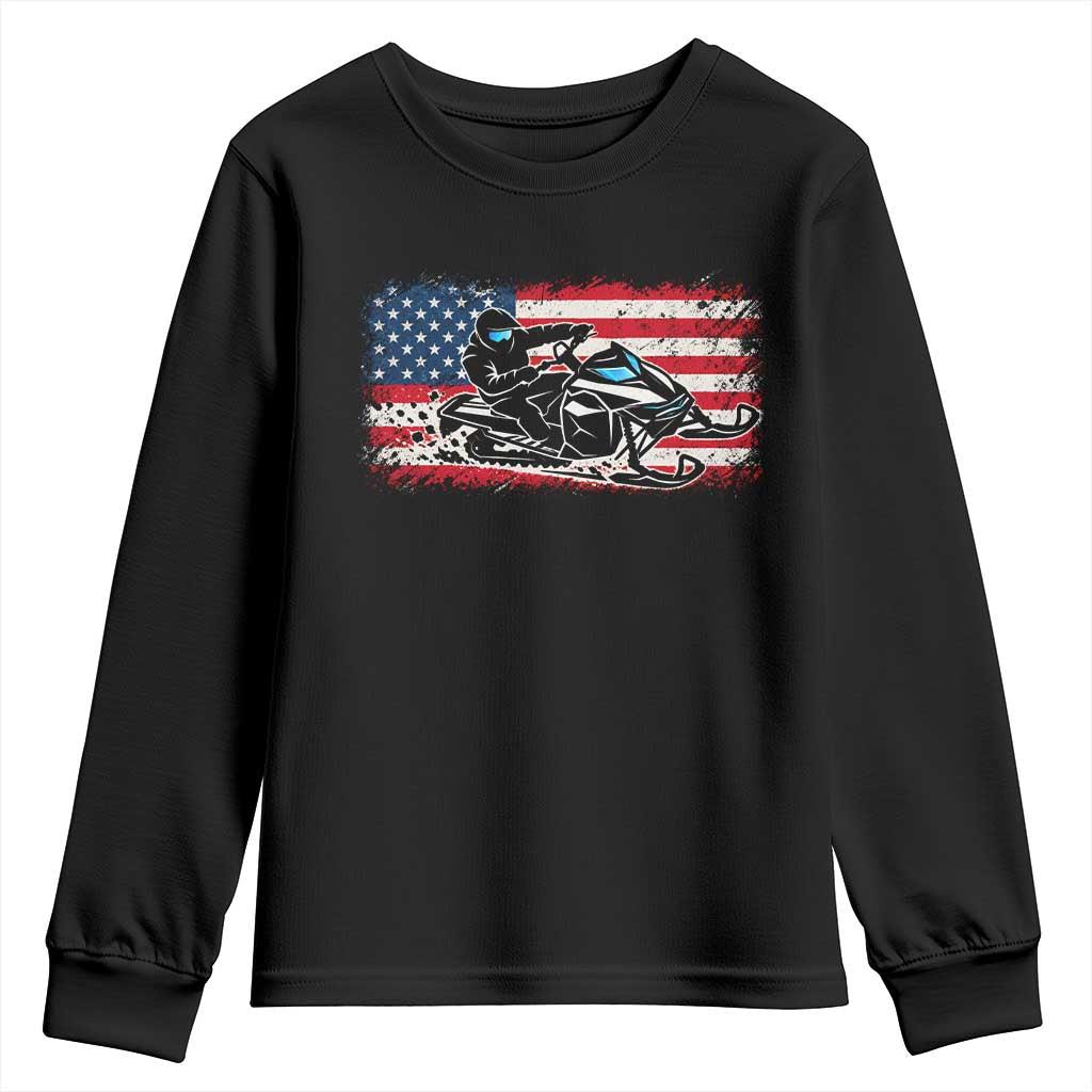 Patriotic Snowmobile American Flag Youth Sweatshirt Vintage USA Snowmobiling Winter Outdoor