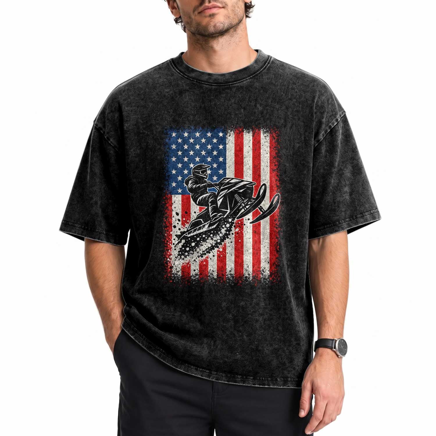 American Flag Snowmobile Washed Cotton T-Shirt Snowmobile Riding Winter Outdoor Extreme Sports