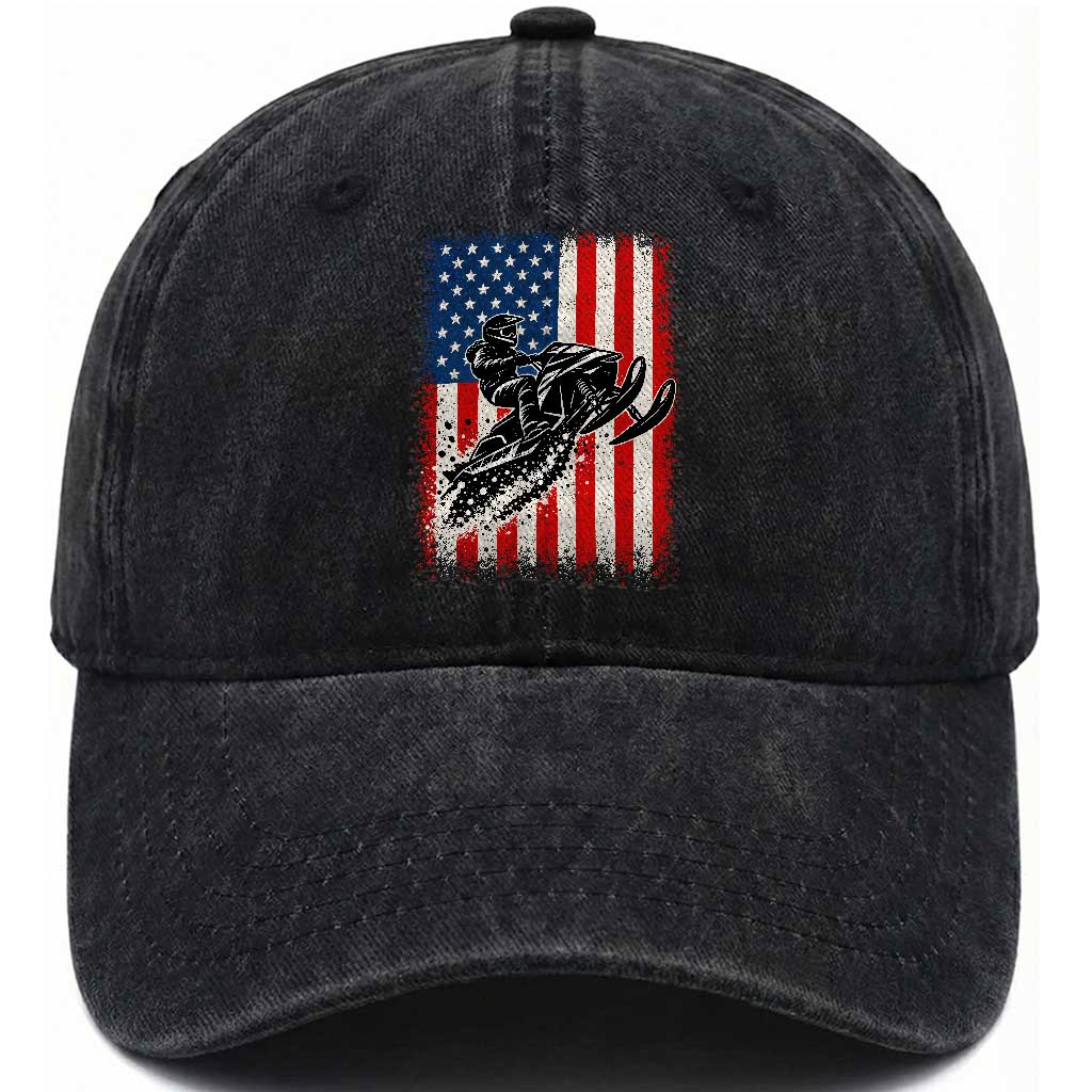 American Flag Snowmobile Washed Cotton Baseball Cap Snowmobile Riding Winter Outdoor Extreme Sports
