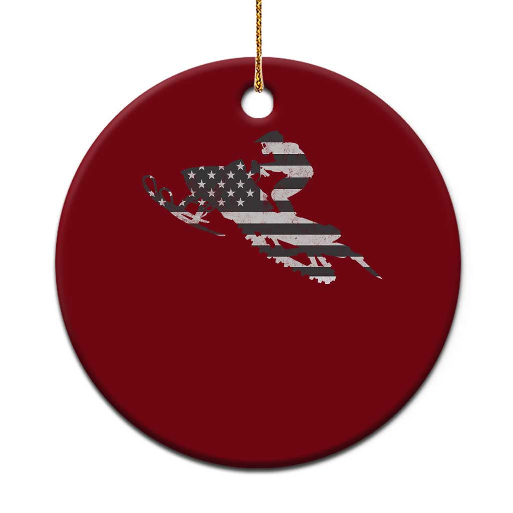 Patriotic Snowmobile USA Flag Ceramic Ornament Vintage Snowmobiling Outdoor Adventure Aesthetic