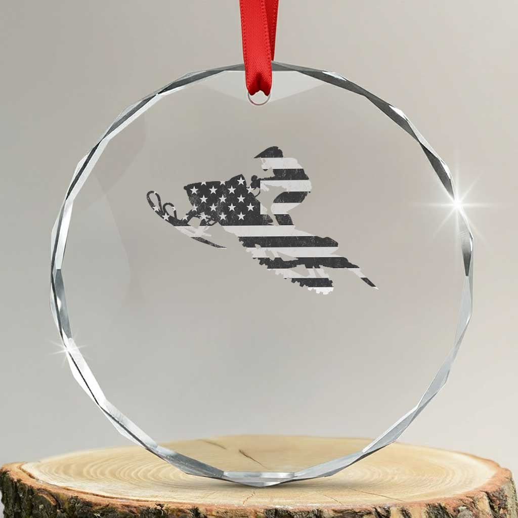 Patriotic Snowmobile USA Flag Crystal Glass Ornament Vintage Snowmobiling Outdoor Adventure Aesthetic