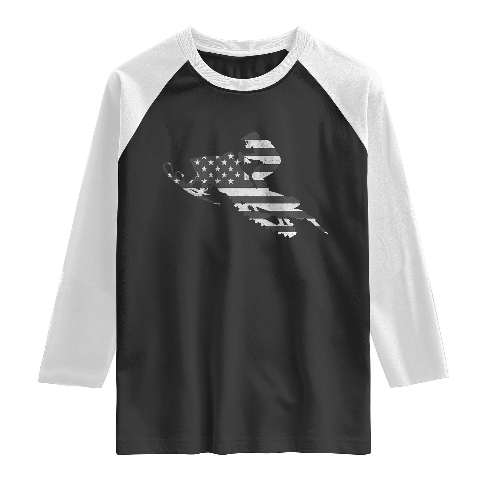 Patriotic Snowmobile USA Flag Raglan Shirt Vintage Snowmobiling Outdoor Adventure Aesthetic