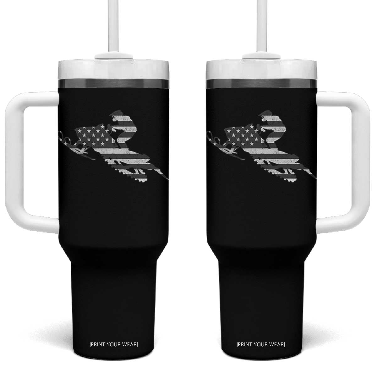 Patriotic Snowmobile USA Flag Tumbler With Handle Vintage Snowmobiling Outdoor Adventure Aesthetic