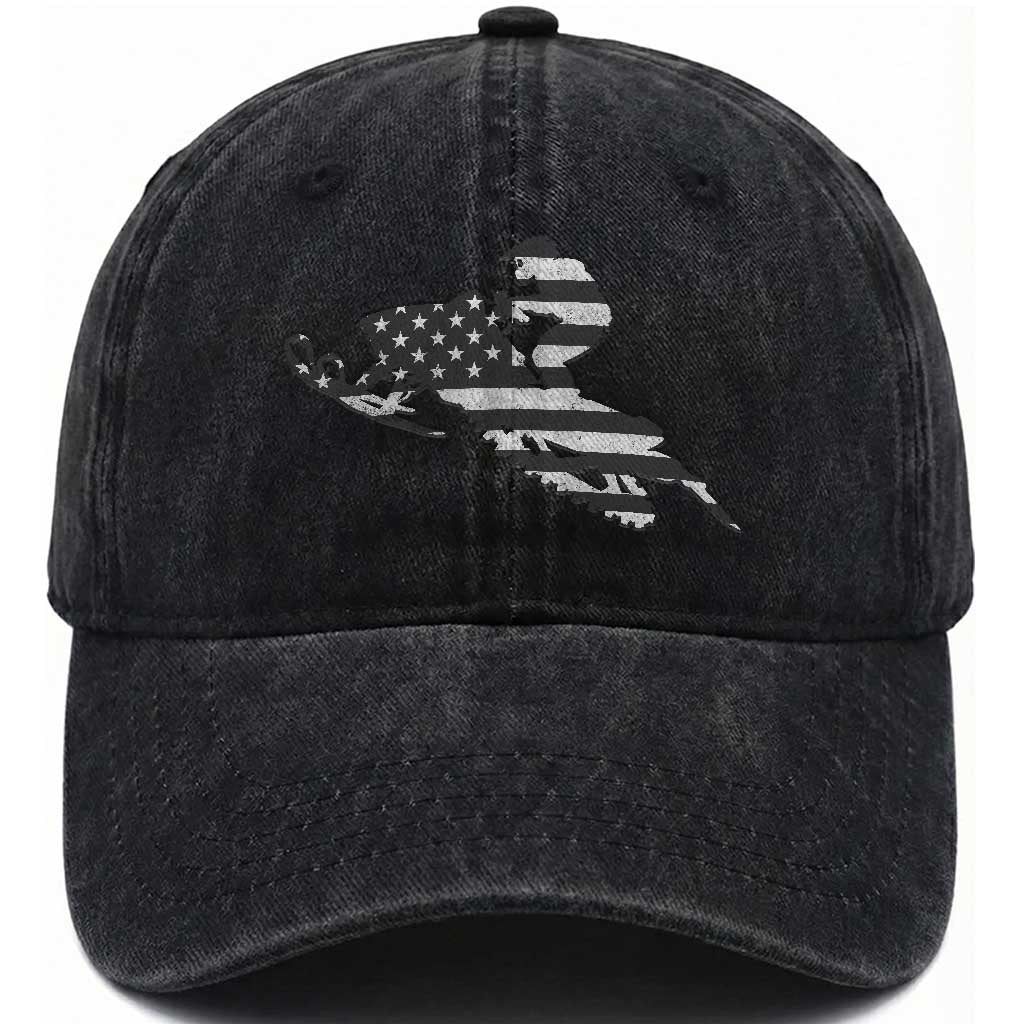Patriotic Snowmobile USA Flag Washed Cotton Baseball Cap Vintage Snowmobiling Outdoor Adventure Aesthetic