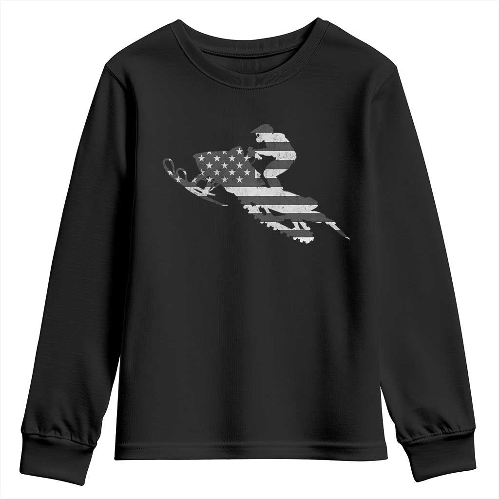 Patriotic Snowmobile USA Flag Youth Sweatshirt Vintage Snowmobiling Outdoor Adventure Aesthetic
