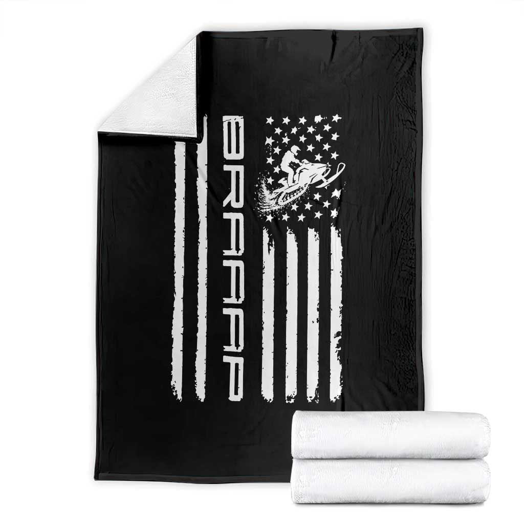 Braaap Snowmobile American Flag Throw Blanket Distressed USA Flag Winter Sports Snowmobiling