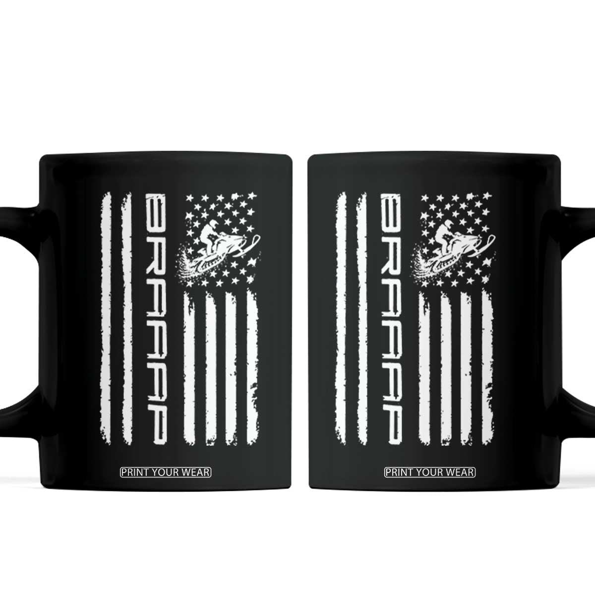 Braaap Snowmobile American Flag Coffee Mug Distressed USA Flag Winter Sports Snowmobiling