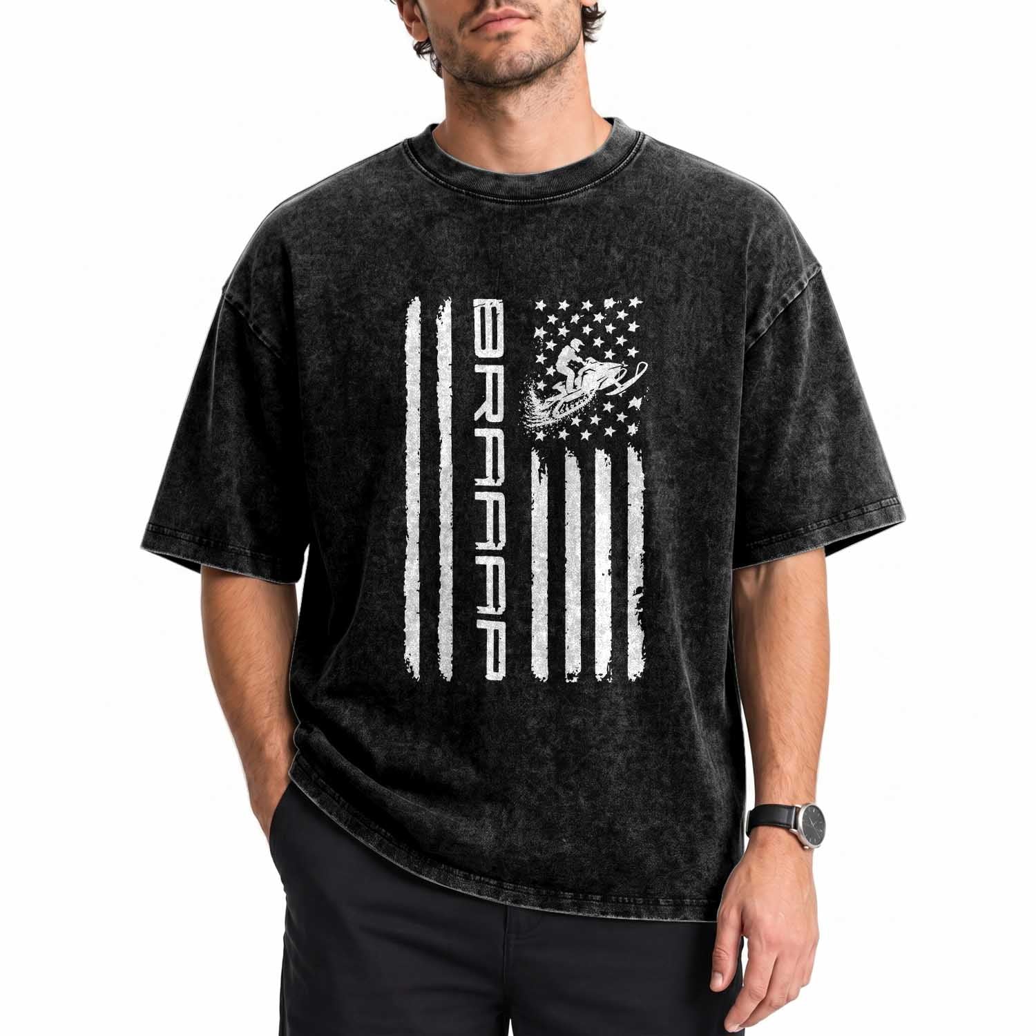 Braaap Snowmobile American Flag Washed Cotton T-Shirt Distressed USA Flag Winter Sports Snowmobiling
