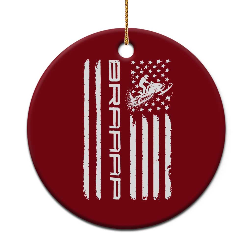 Braaap Snowmobile American Flag Ceramic Ornament Distressed USA Flag Winter Sports Snowmobiling