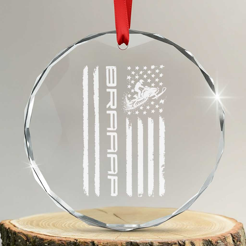 Braaap Snowmobile American Flag Crystal Glass Ornament Distressed USA Flag Winter Sports Snowmobiling