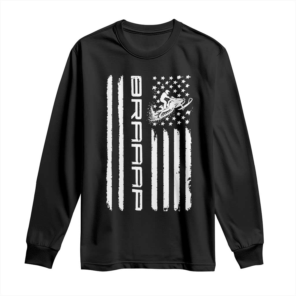 Braaap Snowmobile American Flag Long Sleeve Shirt Distressed USA Flag Winter Sports Snowmobiling