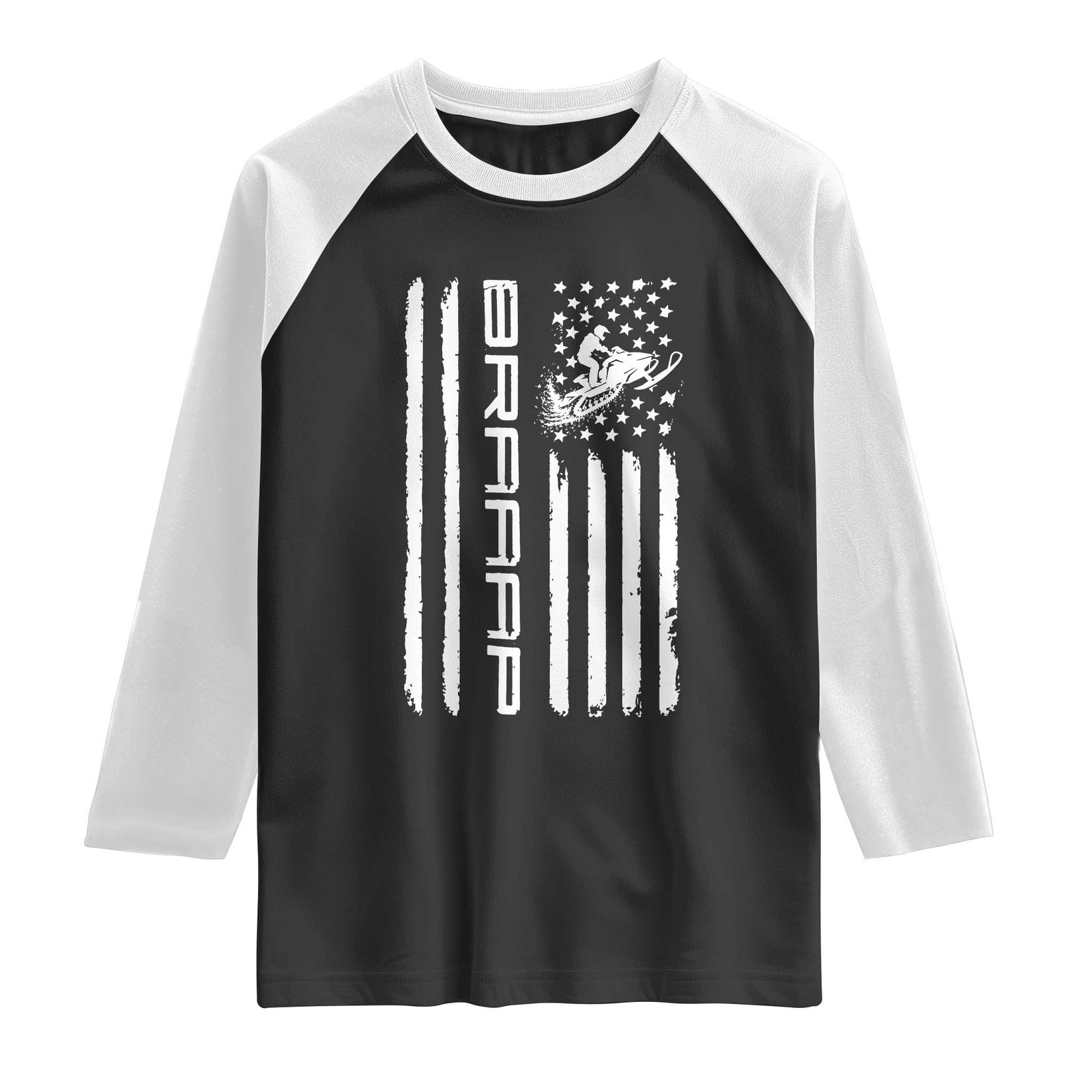 Braaap Snowmobile American Flag Raglan Shirt Distressed USA Flag Winter Sports Snowmobiling
