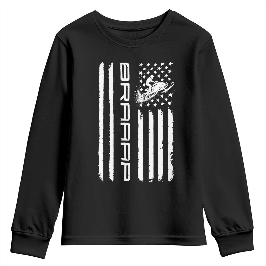 Braaap Snowmobile American Flag Youth Sweatshirt Distressed USA Flag Winter Sports Snowmobiling