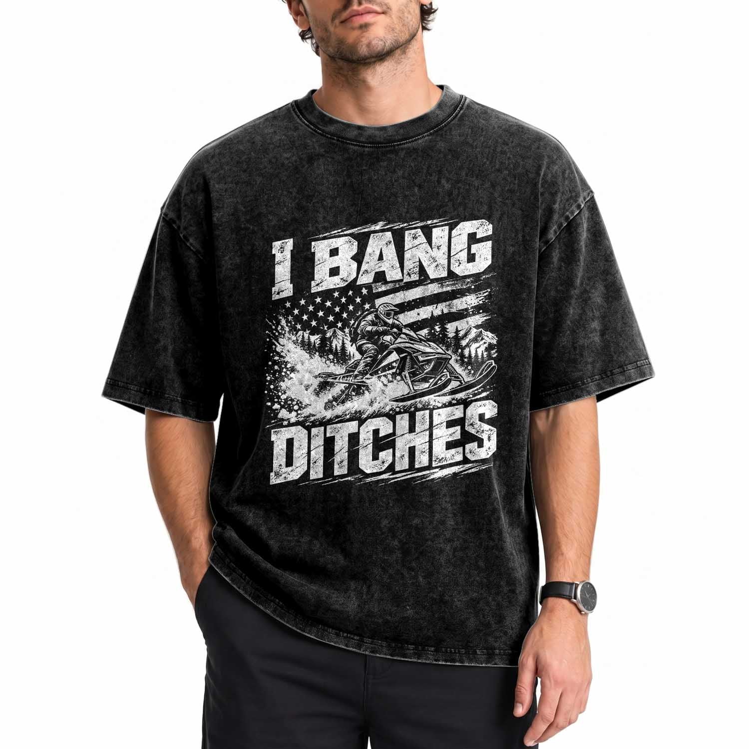 Funny Snowmobiling I Bang Ditches Washed Cotton T-Shirt Vintage American Flag Outdoor Extreme Sports Aesthetic