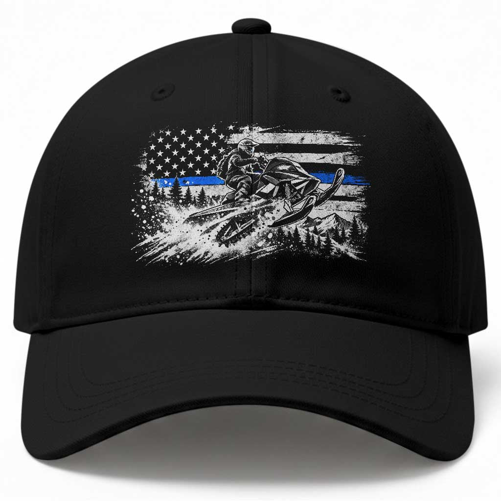 Police Officer Snowmobile USA Flag Baseball Cap Patriotic Law Enforcement Support Winter Sports Aesthetic