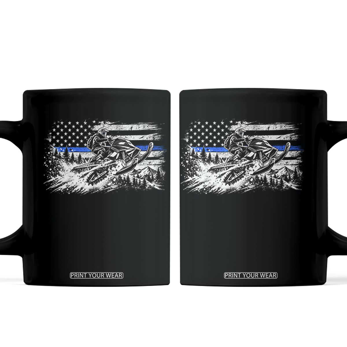 Police Officer Snowmobile USA Flag Coffee Mug Patriotic Law Enforcement Support Winter Sports Aesthetic