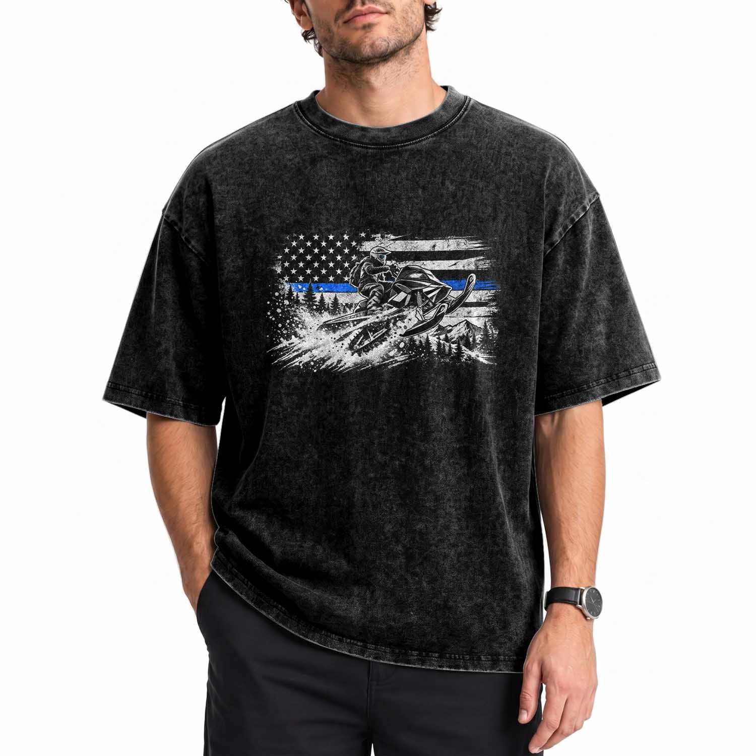 Police Officer Snowmobile USA Flag Washed Cotton T-Shirt Patriotic Law Enforcement Support Winter Sports Aesthetic