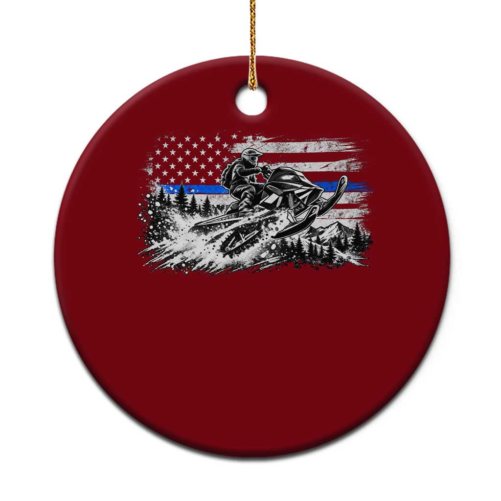 Police Officer Snowmobile USA Flag Ceramic Ornament Patriotic Law Enforcement Support Winter Sports Aesthetic