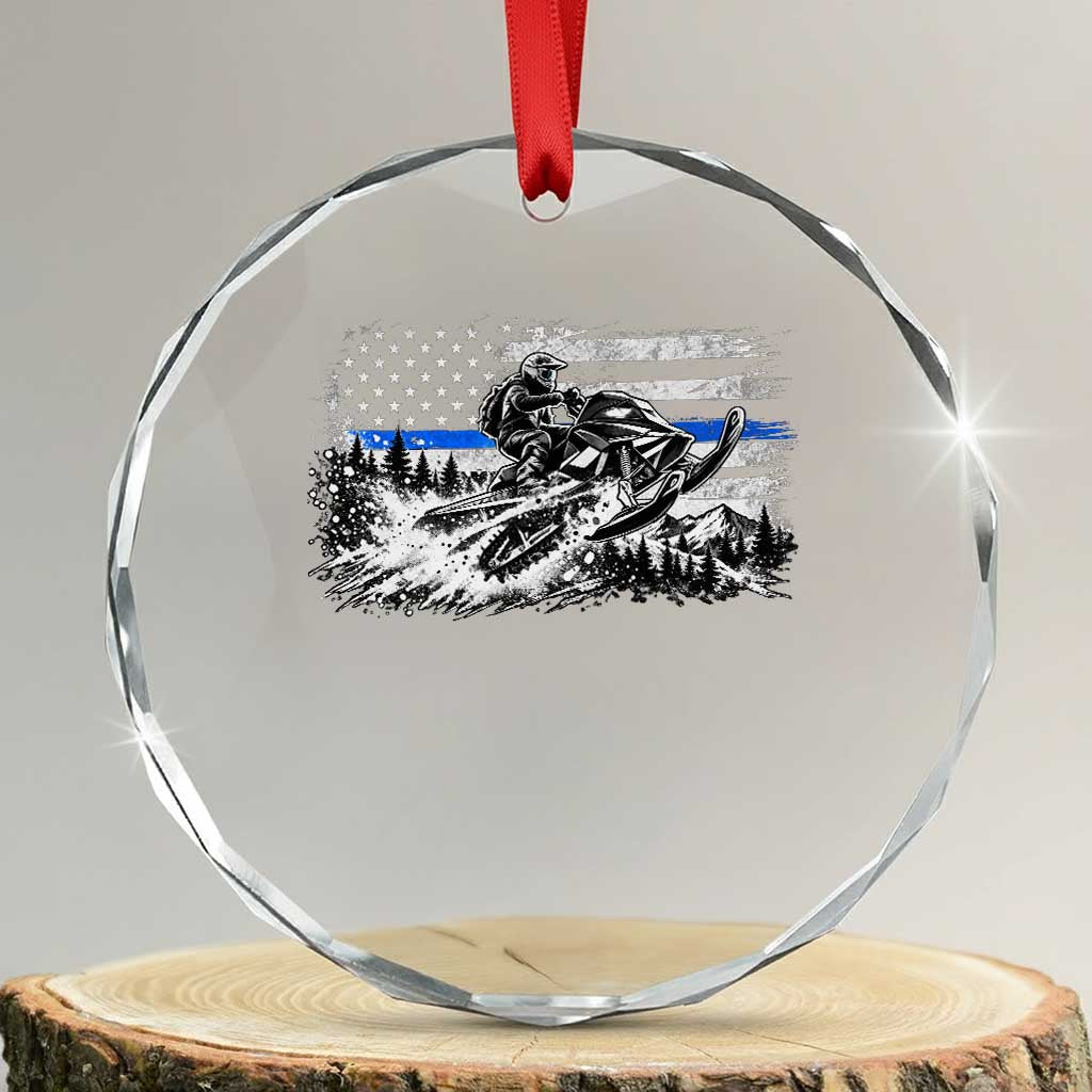 Police Officer Snowmobile USA Flag Crystal Glass Ornament Patriotic Law Enforcement Support Winter Sports Aesthetic