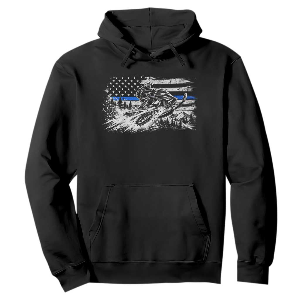 Police Officer Snowmobile USA Flag Hoodie Patriotic Law Enforcement Support Winter Sports Aesthetic