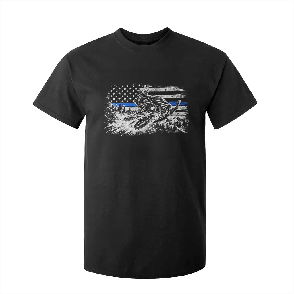 Police Officer Snowmobile USA Flag T Shirt For Kid Patriotic Law Enforcement Support Winter Sports Aesthetic