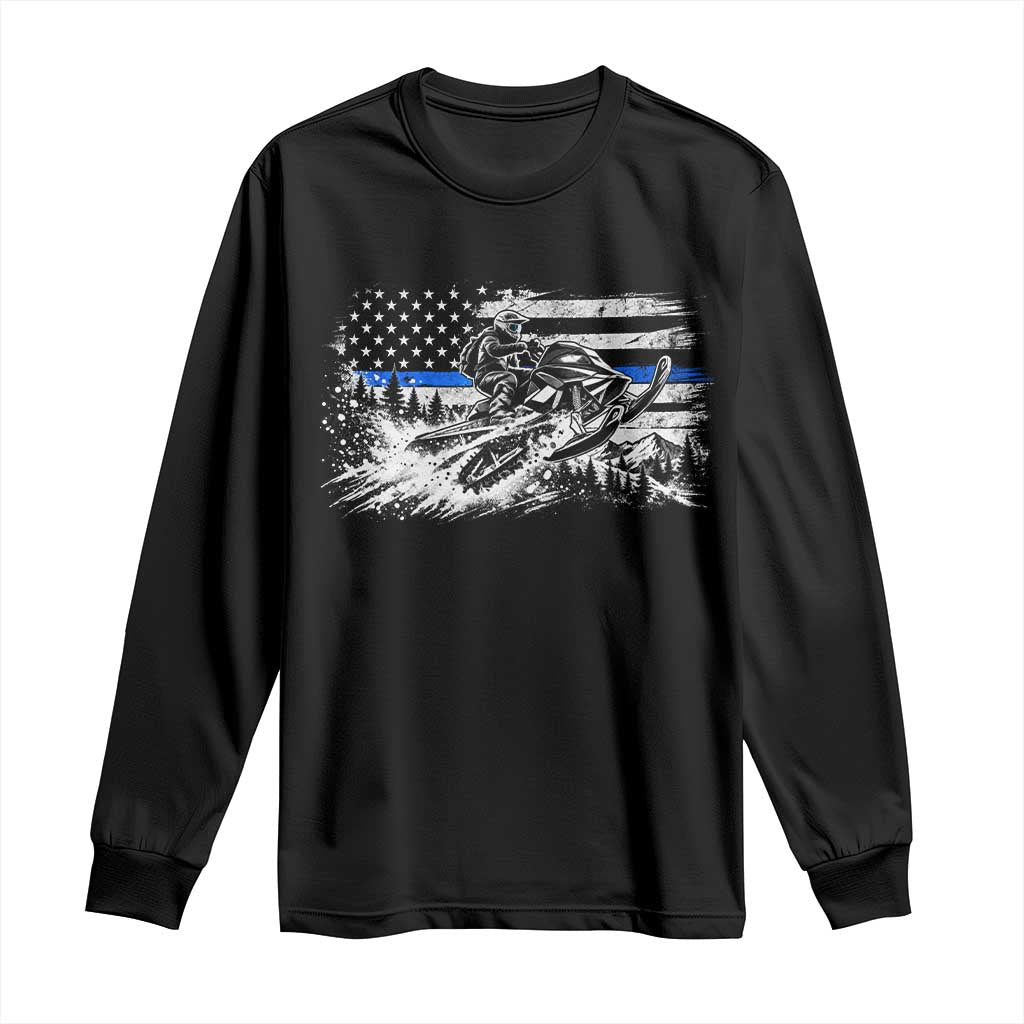 Police Officer Snowmobile USA Flag Long Sleeve Shirt Patriotic Law Enforcement Support Winter Sports Aesthetic