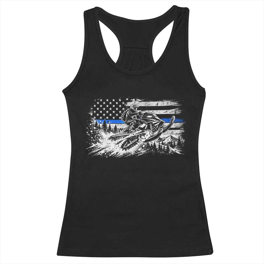 Police Officer Snowmobile USA Flag Racerback Tank Top Patriotic Law Enforcement Support Winter Sports Aesthetic