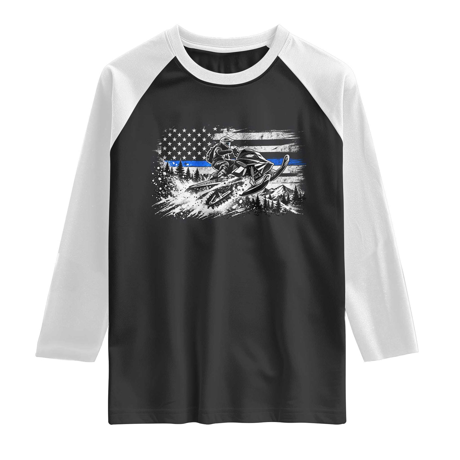 Police Officer Snowmobile USA Flag Raglan Shirt Patriotic Law Enforcement Support Winter Sports Aesthetic